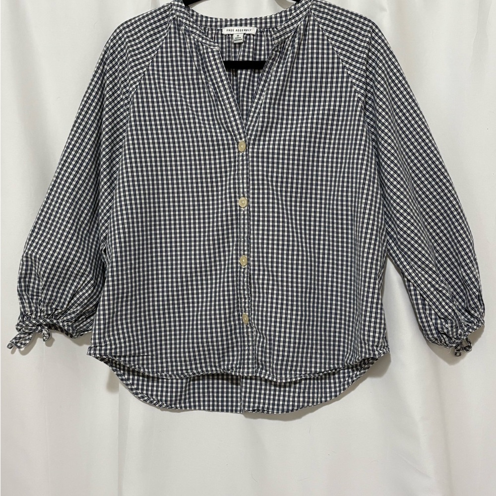 Gingham Button-Front Peasant Blouse in Navy and White